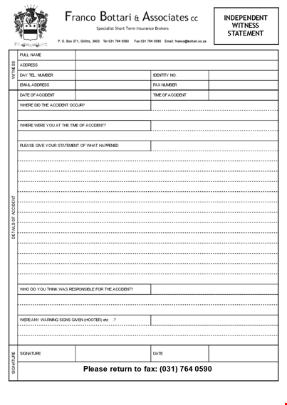 accident witness statement form - include accident number and address template
