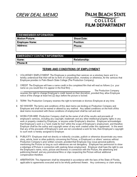 employee deal memo template: clearly outline employee details, terms, and picture usage template
