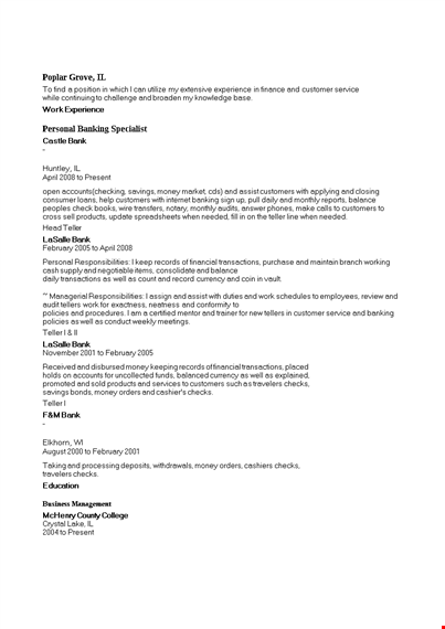 personal banking specialist resume template
