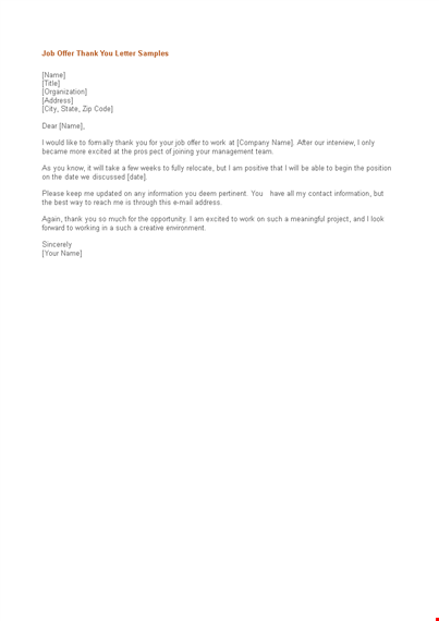 job offer thank you letter example template