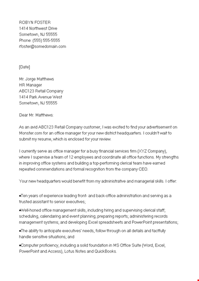 sample office email cover letter template
