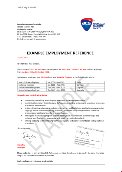formal employment reference letter template | australian computer society | sydney template