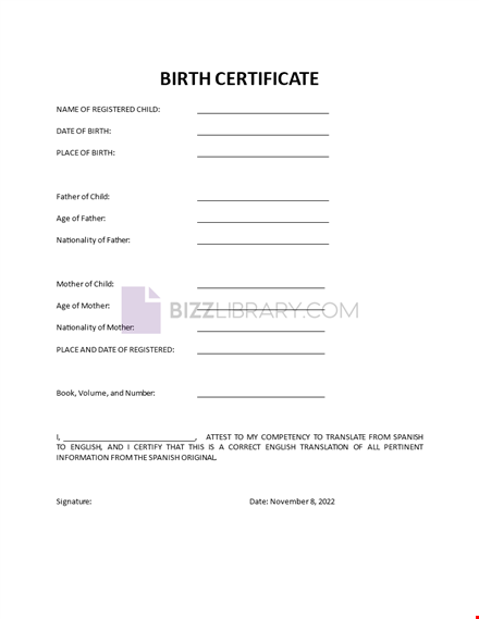 english birth certificate translation form template