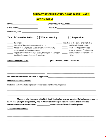 military restaurant disciplinary action form template