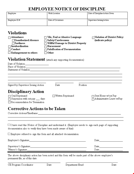 employee disciplinary action form | corrective action by supervisor template