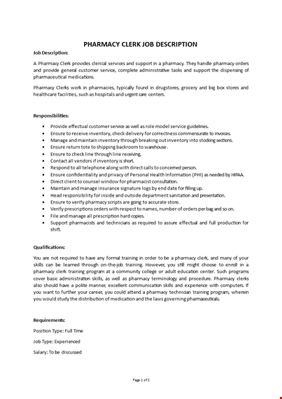 pharmacy clerk job description template