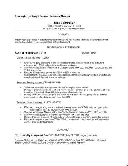 restaurant work experience resume - manager with years of experience | reduced costs template