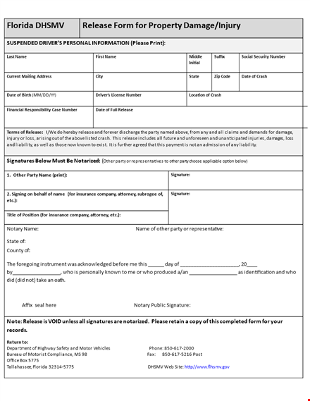 sample property damage release form: release deposit with this sample form template