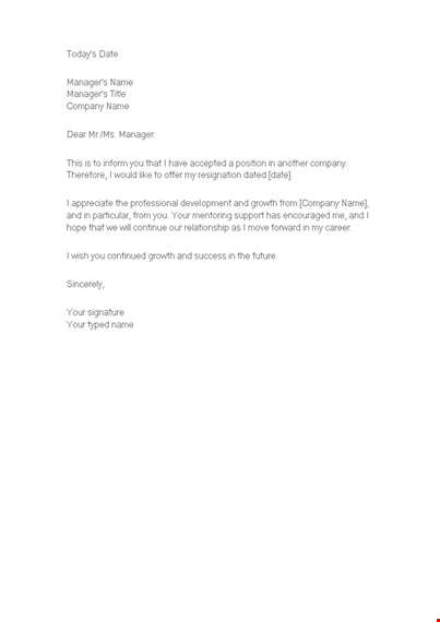 resignation letter for growth: informing company and manager about departure template