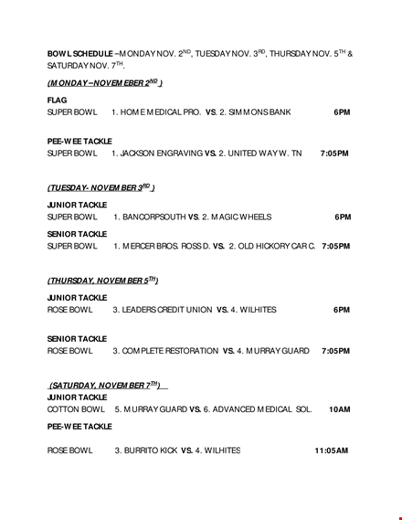 free printable bowl schedule - get ready to tackle the excitement of bowl season! template