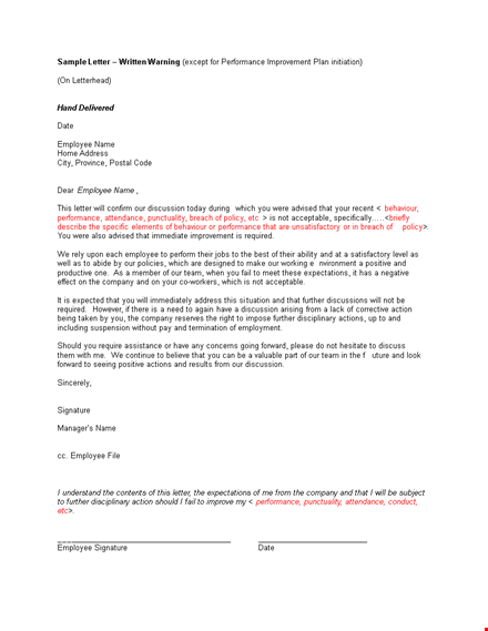 employee written warning letter template template