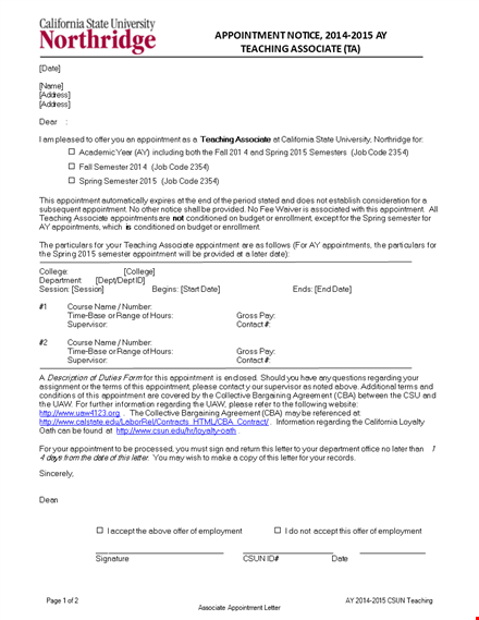 teaching associate appointment letter template template