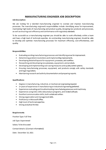 manufacturing engineer job description  template