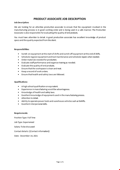 product associate job description template