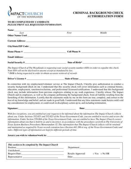 criminal background check authorization form: church information and texas impact template
