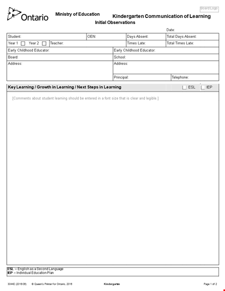 free kindergarten report card template - track your child's learning & communication progress template