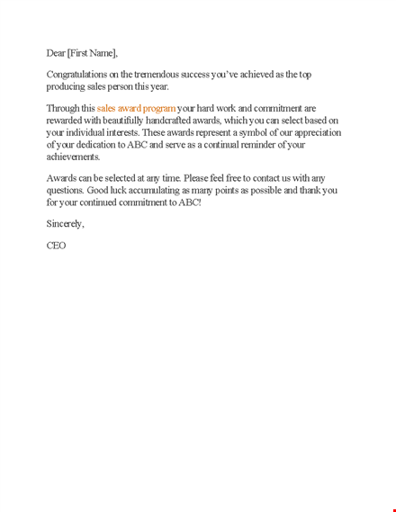 sales awards and commitment: recognition letter template