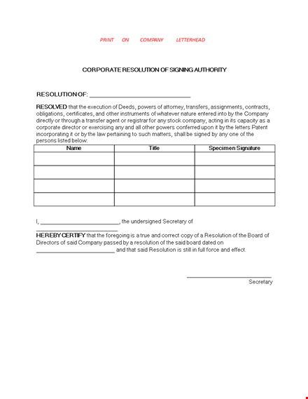 corporate resolution form | authorize company powers template