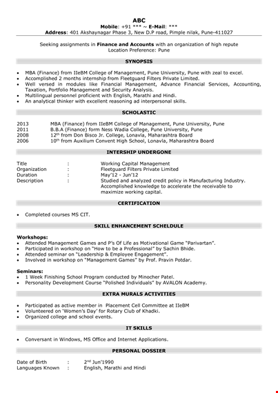 corporate finance resume format - expertly crafted for finance, college, and management roles template