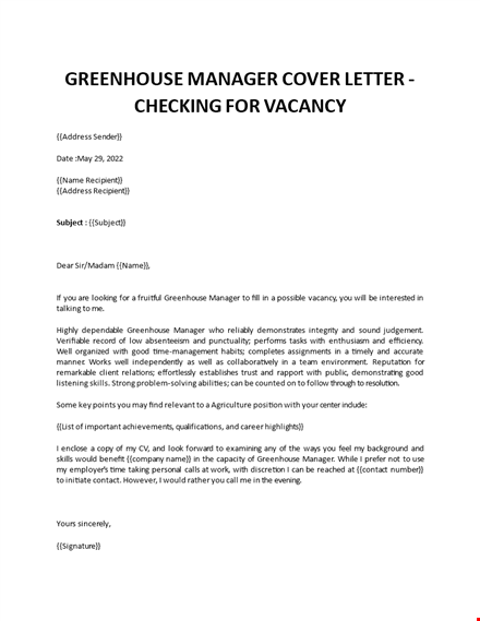 greenhouse manager cover letter template