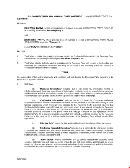 confidential non disclosure agreement form | protect party information | receiving confidential template