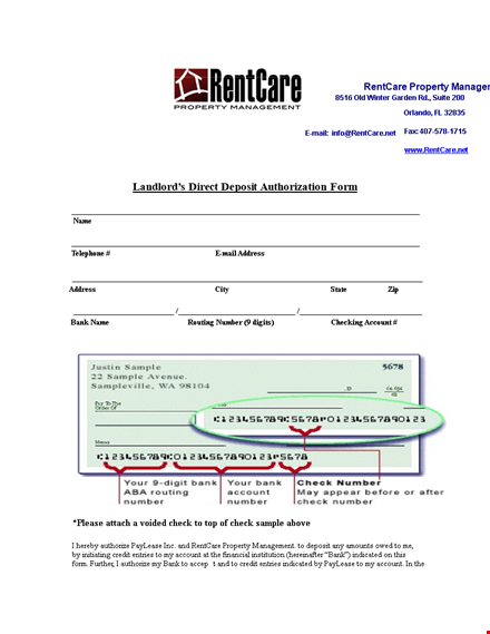direct deposit form template for landlords | streamline account payments with rentcare & paylease template