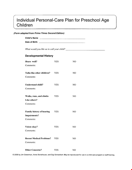 personal care plan template for individuals: staff, parents, & initials template