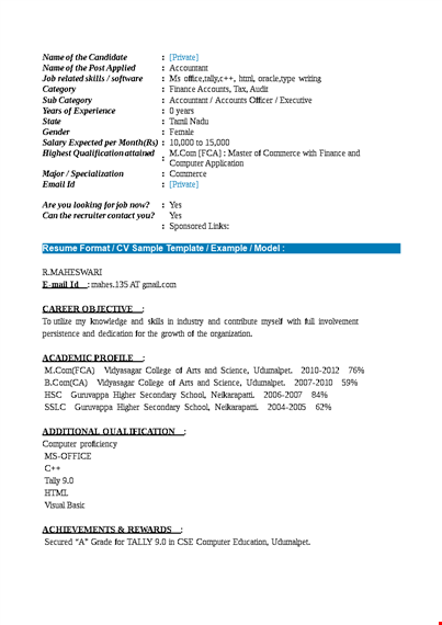 fresher accountant resume format template