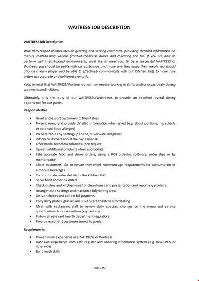 waitress job description template