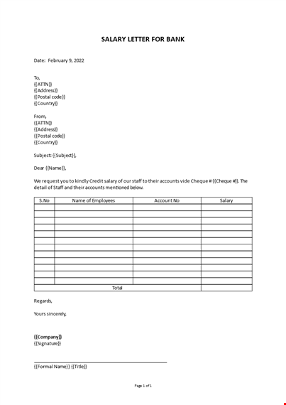 employee salary bank letter template