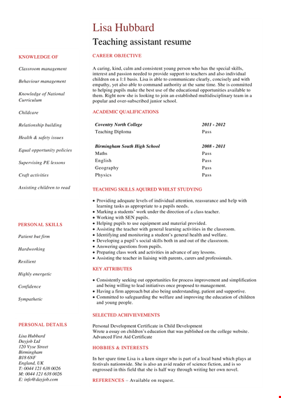 teacher assistant resume pdf template
