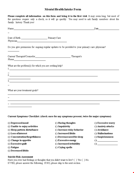 complete mental health intake form for history, family, and current information template