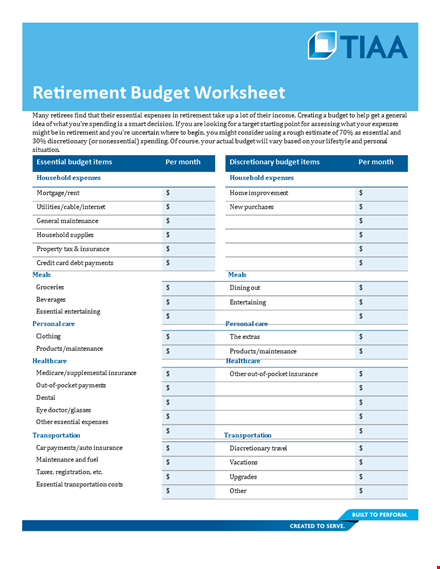 retirement budget worksheet - manage and plan your essential and discretionary expenses template
