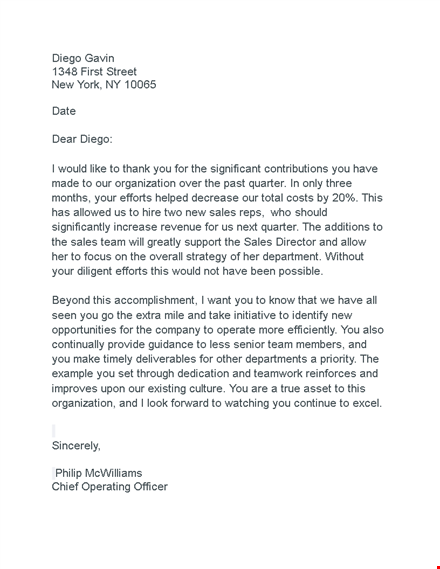 recognition letter for sales organization - qtr. | san diego template