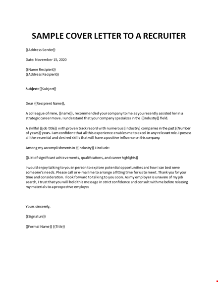 sample cover letter to a recruiter template