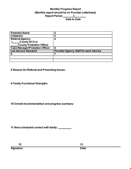 monthly progress report for family service & referral template