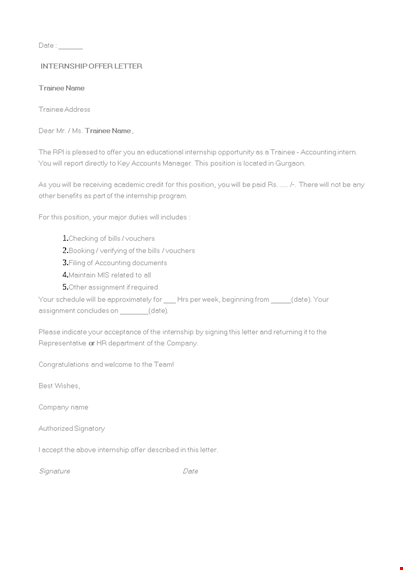 internship employment offer letter template