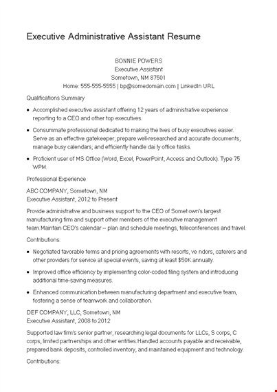 executive administrative assistant resume template
