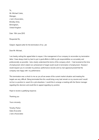 job termination appeal letter template