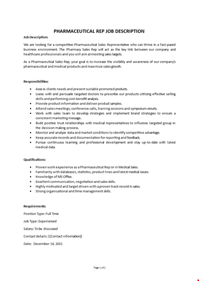 pharmaceutical sales rep job description template