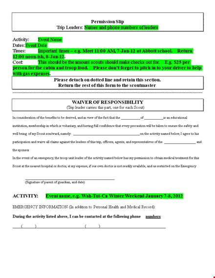 permission slip for event or activity - approved by leaders | scout parental consent template