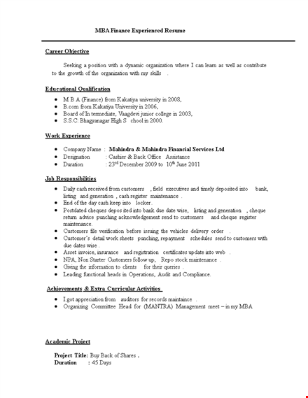 resume format for mba finance experienced template