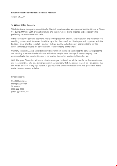 personal assistant recommendation letter template