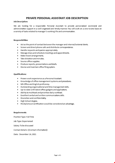 personal assistant job description template