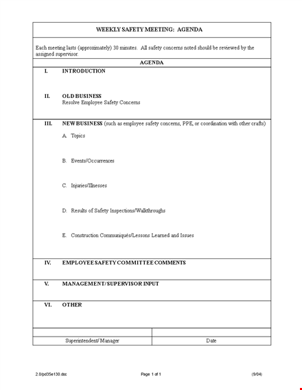 weekly safety meeting agenda template template