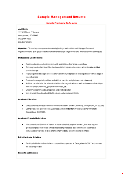 mba finance fresher professional resume template