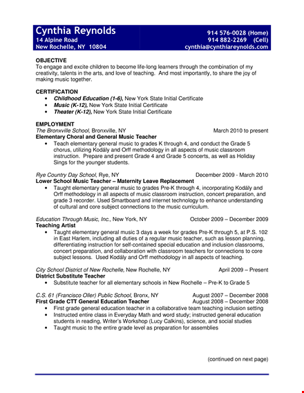 elementary music teacher resume template