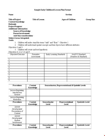 early childhood lesson plan template template