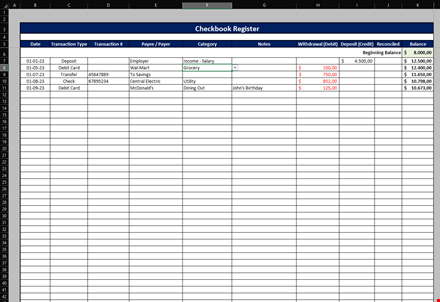 track your finances with our checkbook register template - balance, debit, deposit, transactions. template