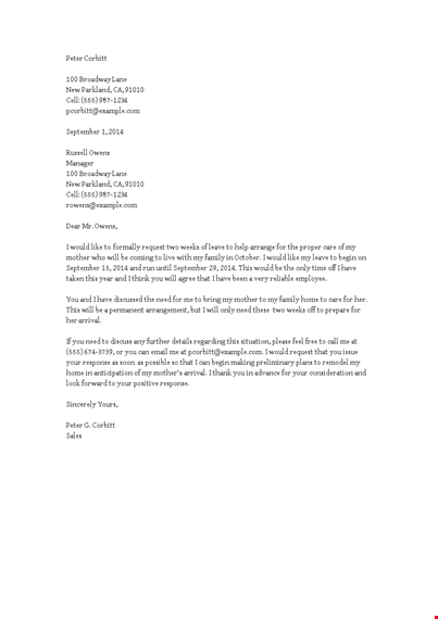 formal leave letter to manager template